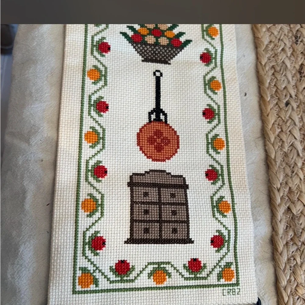 Vintage Tapestry with Teapot and Floral Design in Brown and Orange